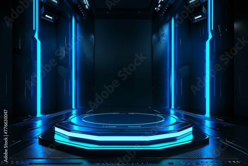 Futuristic 3D podium with blue neon lights on dark sci-fi background  digital illustration