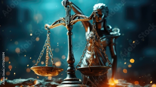 Symbolic scales of justice Themis: legal balance, fairness, and morality in the courtroom, a representation of virtue, ethics, and impartiality in the legal system photo