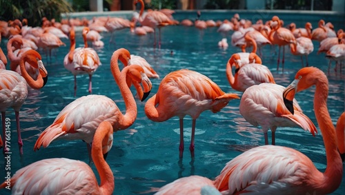 flamingo floats in a pool  photo