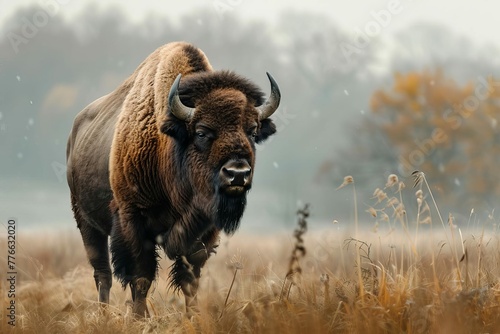 Majestic European Bison Bull Standing Alone in Natural Habitat, Wildlife Photography