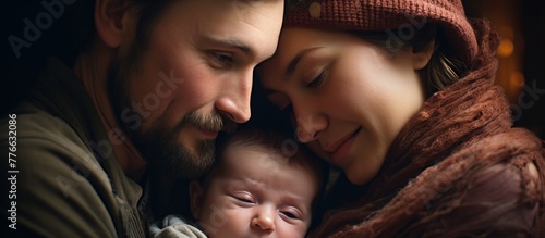 Couple of parents embracing their sweet baby in their arms affectionately with love and care photo