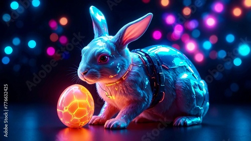 Metallic Easter bunny with a glowing Easter egg against dark background with neon coloured bokeh orbs