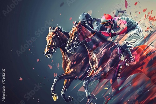 Dramatic Horse Racing Scene with Dynamic 3D Design Elements, Equestrian Sports Illustration © Lucija
