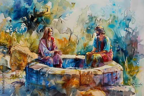 Jesus Christ speaking with Samaritan woman at well, eternal life and salvation theme, biblical scene, watercolor painting © Lucija