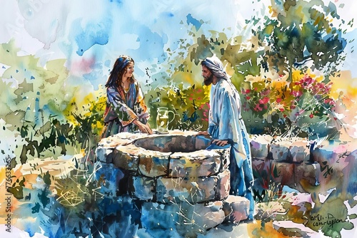 Jesus Christ speaking with Samaritan woman at well, eternal life and salvation theme, biblical scene, watercolor painting