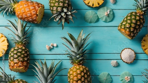 Ripe pineapple and beach sea life style objects over pastel mint blue wooden background, Tropical summer vacation concept