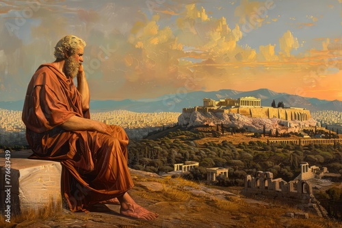 Ancient Greek philosopher contemplating, Acropolis of Athens in background, wisdom and enlightenment concept, oil painting photo