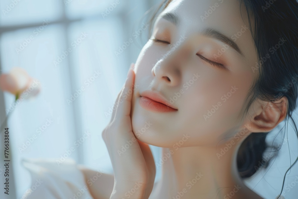 Beauty close up portrait of young woman with a healthy glowing skin is applying a skincare product. Beauty close up portrait of young woman with a healthy glowing skin is applying a skincare product.