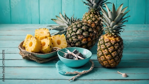 Ripe pineapple and beach sea life style objects over pastel mint blue wooden background, Tropical summer vacation concept