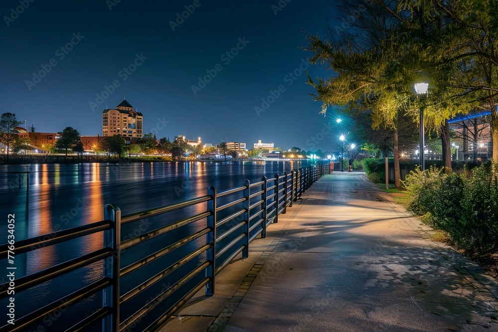 Wilmington North Carolina USA downtown riverwalk at night, city skyline and waterfront, long exposure photograph
