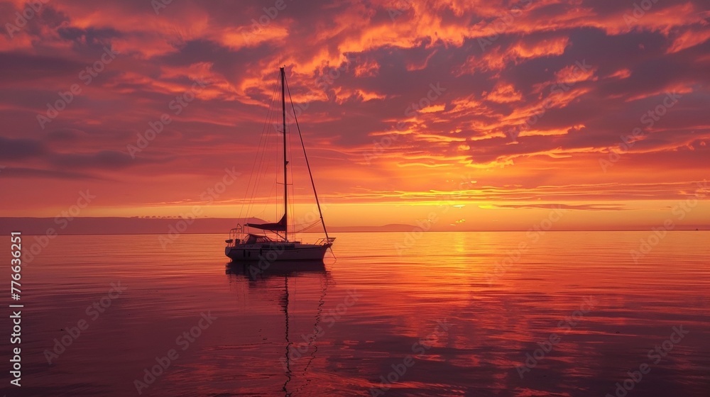 A lone sailboat silhouetted against a fiery orange and pink sunset, anchored in a calm bay A lone sailboat silhouetted against a fiery orange and pink sunset, anchored in a calm bay