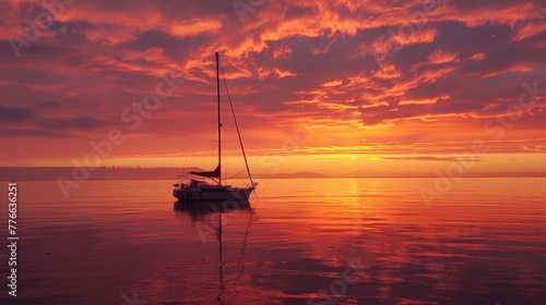 A lone sailboat silhouetted against a fiery orange and pink sunset, anchored in a calm bay