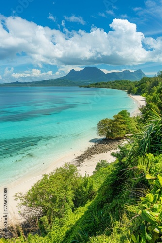 A panorama of a tropical island paradise, showcasing a white-sand beach, a turquoise lagoon © ktianngoen0128