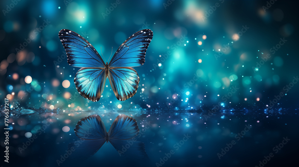Mystical Blue Butterfly Reflection on Water Surface Mystical Blue Butterfly Reflection on Water Surface