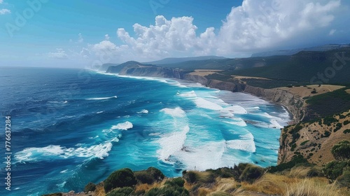 A panoramic view of a long stretch of pristine coastline, with turquoise waves crashing against the shore and dramatic cliffs