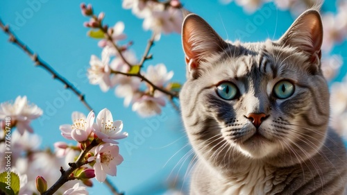 Gray cat with blue eyes in the garden