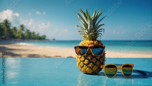 Pineapple with sunglasses resting and drink cocktail on the beach, Summer holiday concept on blue background