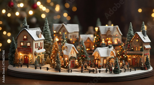 Christmas miniature villiage wonderland with lights festive background, christmas decoration.generative.ai
