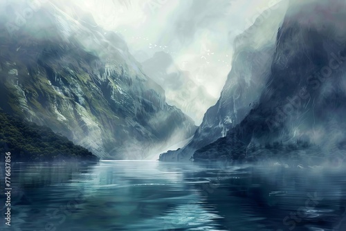 Majestic Fjord Landscape with Steep Cliffs and Misty River  Fantasy Foggy Scenery Inspired by Doubtful Sound  New Zealand  Digital Painting