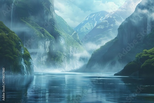 Majestic Fjord Landscape with Steep Cliffs and Misty River  Fantasy Foggy Scenery Inspired by Doubtful Sound  New Zealand  Digital Painting