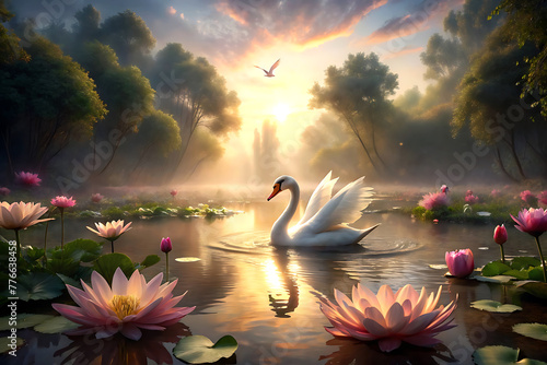 sunlit water with a graceful swan and lotus flowers creating a peaceful atmosphere generative Ai photo
