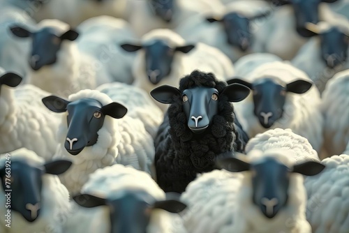 Unique black sheep standing out as leader among white flock, leadership and individuality concept illustration © Lucija