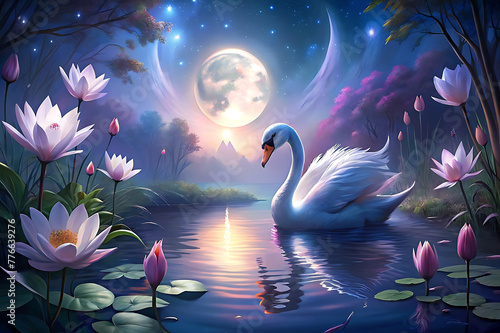 Fototapeta Naklejka Na Ścianę i Meble -  swan on the lake in night generative Ai