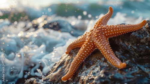 Close-up of a starfish clinging to a damp rock, with the ocean waves crashing in the background