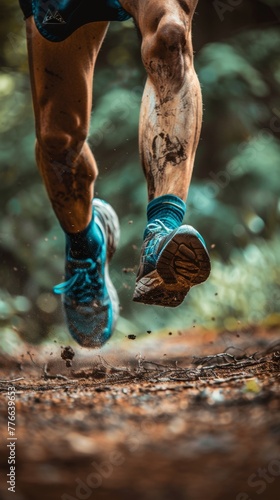 trail runners legs in motion, showcasing muscular definition and the natural terrain underfoot