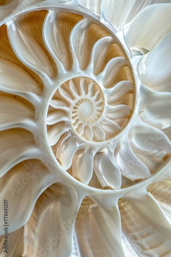 Nautilus shell inspired geometric pattern, spiraling Fibonacci sequence