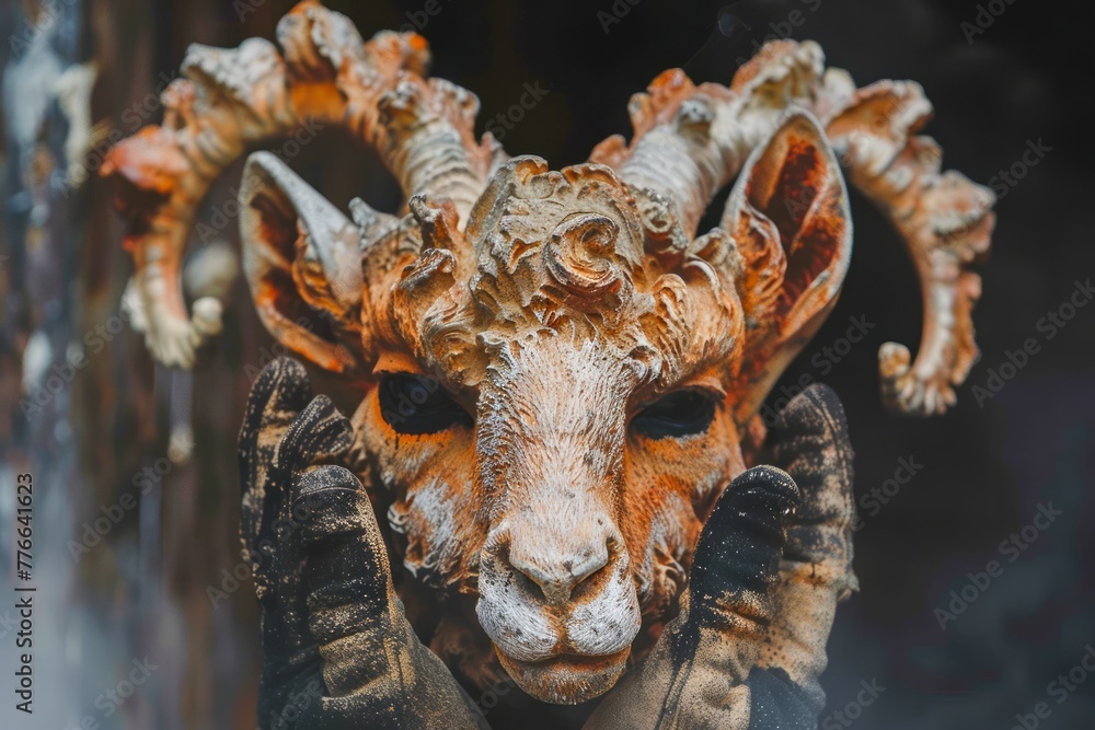Fototapeta premium Intricately Carved Ram Sculpture with Detailed Horns and Weathered Texture Displayed Against Soft Focus Background