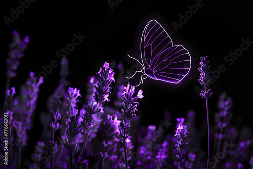 Purple neon butterfly silhouette flying over lavender field isolated on black background.