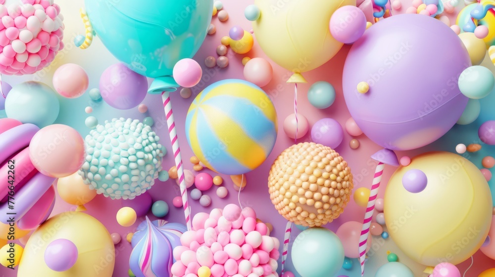 Pastel balloons and candies creating a celebratory scene - A cheerful display of various pastel-colored balloons intertwined with colorful ribbons and candies, illustrating a festive and playful atmos