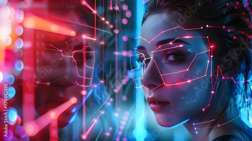 Attractive Woman Expertly Programming Futuristic Cybersecurity Software Illuminated by Neon Lights Generative ai