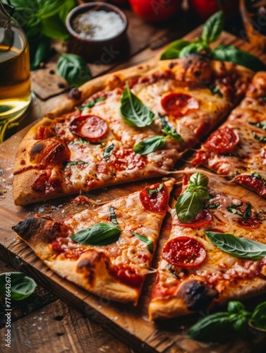 Sliced pizza with tomatoes and basil on table - A deliciously cooked pizza with sliced tomatoes  mozzarella cheese  and fresh basil leaves placed on a rustic wooden table