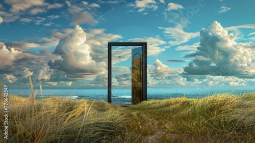 Open door with ocean reflection on glass - A door frame with a reflective glass  merging the beach scenery  symbolizes reflection and peace