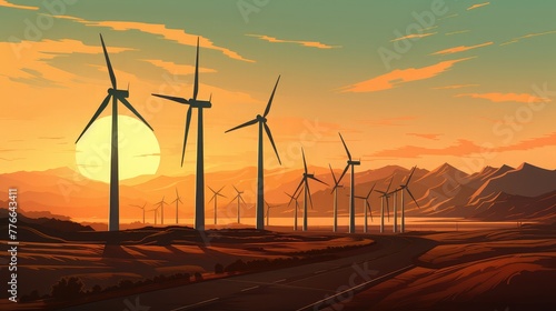 Wind generator turbines sihouettes on sunset, a beautiful view for visiter with sunset photo