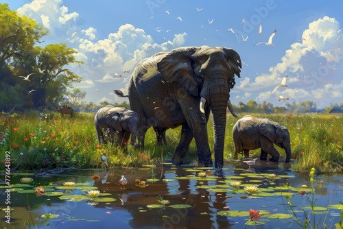 Majestic African Elephants by Watering Hole in Serene Savannah Landscape with Flora and Fauna
