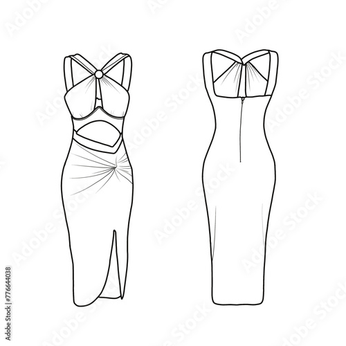 Sleeveless midi dress technical drawing. Sleeveless midi dress line art with shoulder straps fashion CAD. Front and back views. Isolated on a white background.