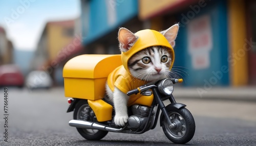 The smallest mouse in the world, A super mini kitten, This cat is a takeaway worker, has beautiful eyes, wearing a yellow takeaway costume, riding a motorcycle, road background, anthropomorphic, photo photo