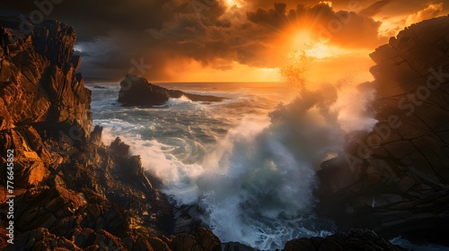 Ocean wave crashing against rocky coastline. Dramatic seascape