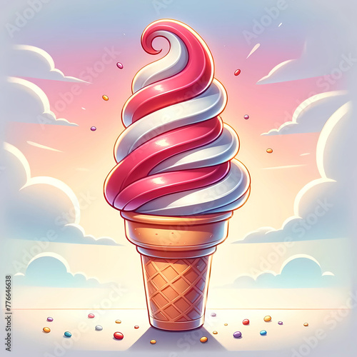 イチゴとミルク味のソフトクリームのイラスト。白色と赤色のアイスが交互になっている photo
