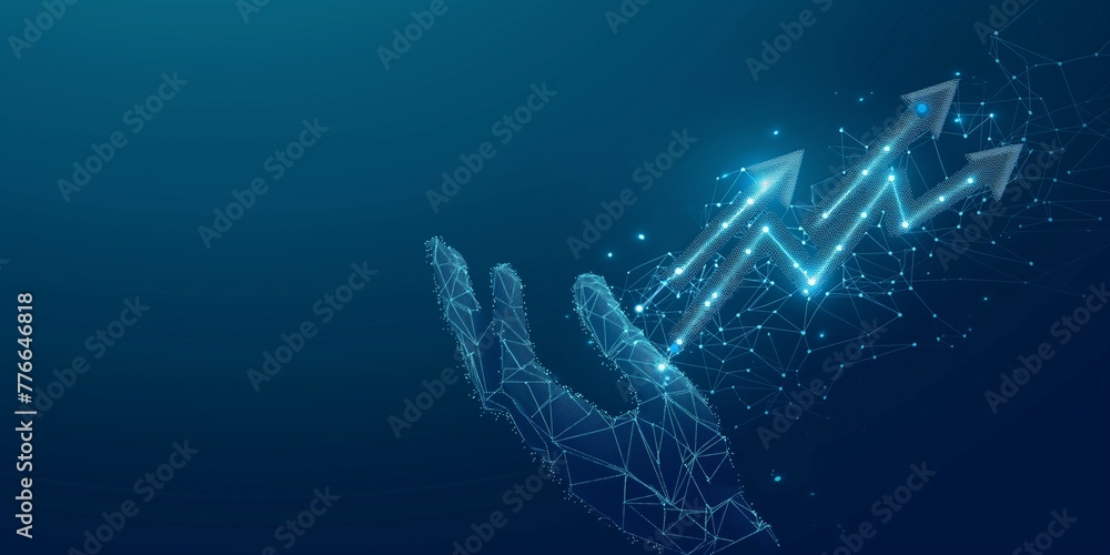 Abstract digital businessman hand holding rising arrows in futuristic style. Successful business and growth strategy concept. Low poly wireframe vector illustration on technological blue background.