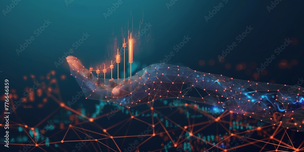Abstract: A human hand holds a candlestick. Stock Market and Investment Concept. Protection of Graph Chart on Technological Blue Background. Low-Poly Wireframe Vector Illustration with 3D Effect. - obrazy, fototapety, plakaty 