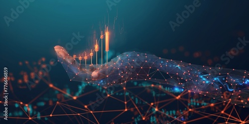 Abstract: A human hand holds a candlestick. Stock Market and Investment Concept. Protection of Graph Chart on Technological Blue Background. Low-Poly Wireframe Vector Illustration with 3D Effect.