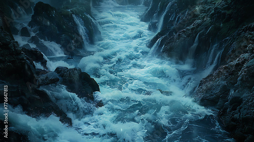 vitality of a rushing river carving its way through a rocky gorge