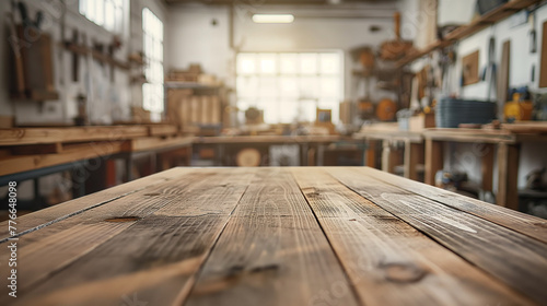 Rustic wooden table in a carpentry workshop Selective focus on the table surface Blurred background with shelves tools and natural light