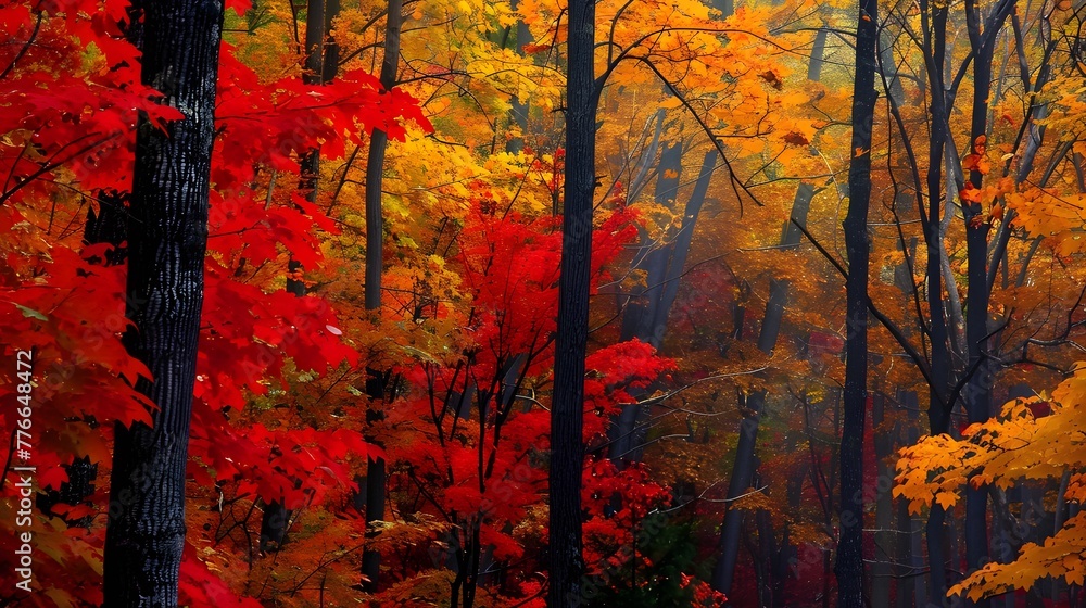 Leaves ablaze in hues of red, orange, and yellow, transforming the forest into a tapestry of vibrant colors.