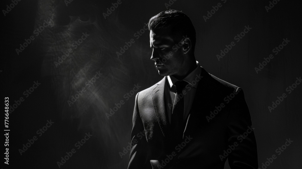 In this captivating portrait a mysterious man stands in the shadows his features only partially revealed by the dim light. His stylish suit and carefully styled hair exude a sense . In this captivating portrait a mysterious man stands in the shadows his features only partially revealed by the dim light. His stylish suit and carefully styled hair exude a sense .