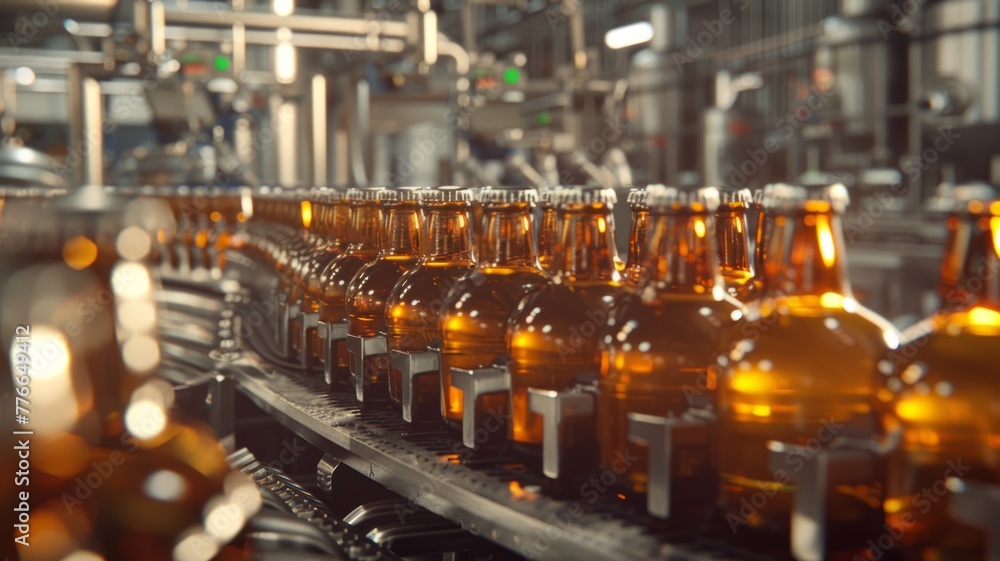 Amber beer bottles on the production line - Amber-colored glass beer bottles moving through the production line, showcasing the bottling process in a detailed industrial setting